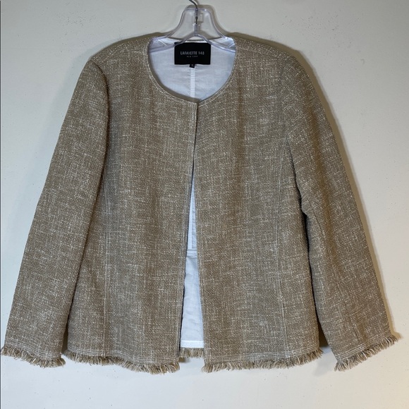 Lafayette 148 New York Beige Textured Open Front Jacket with Fringe Trim. 10 - Picture 1 of 13